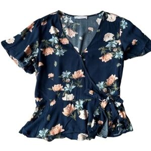 Elodie Floral Peplum Short Slave Top - Navy Blue -Size S